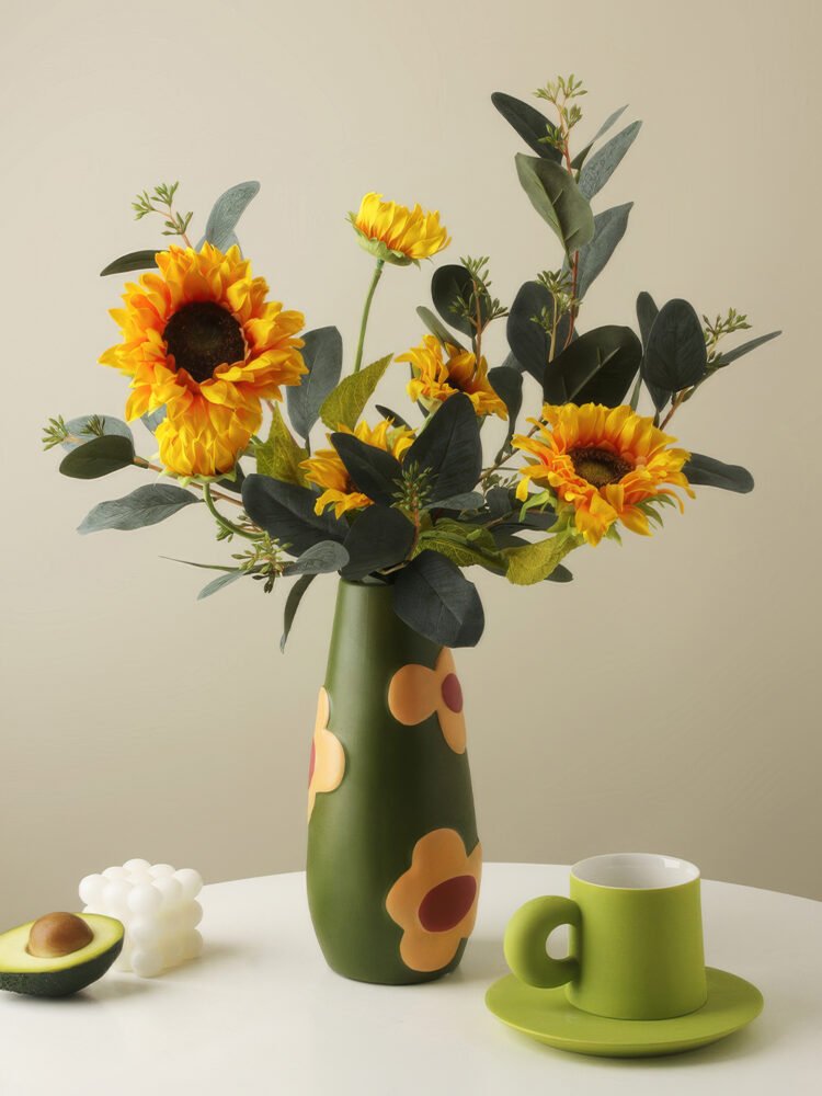 Hand-painted rustic pottery floral motif vase