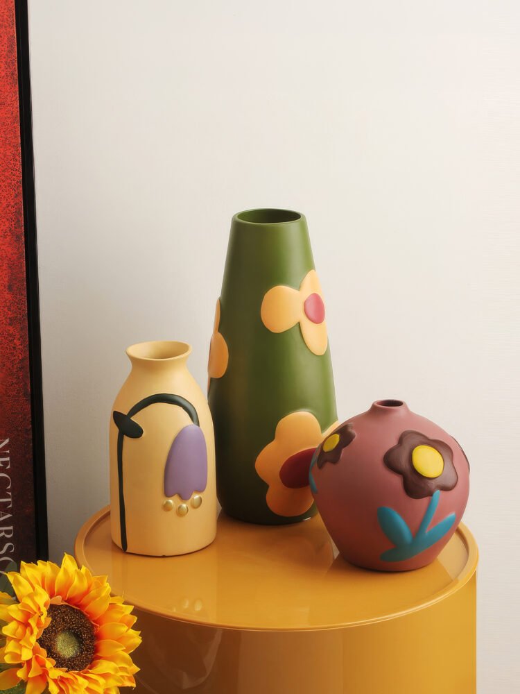 Hand-painted rustic pottery floral motif vase