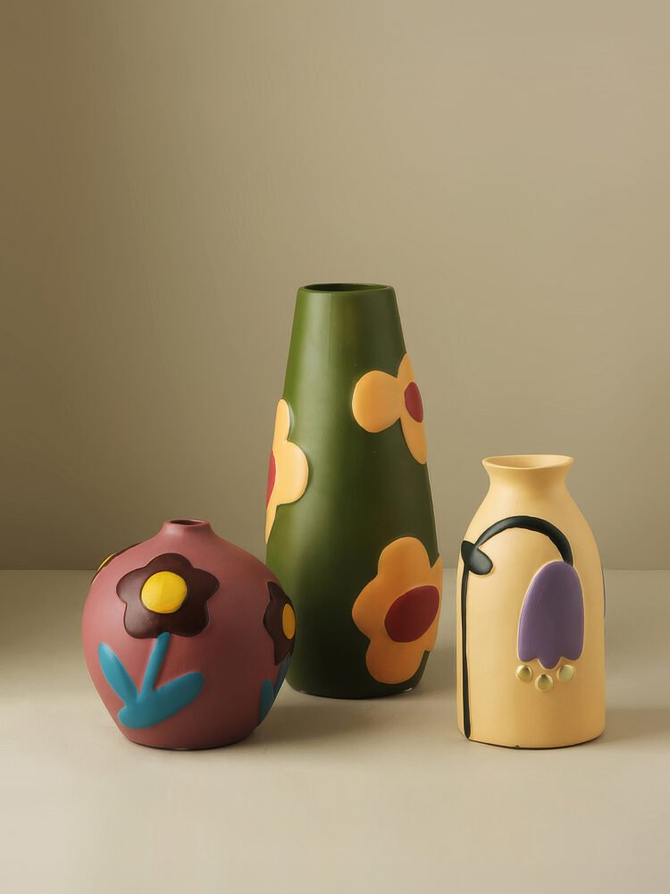 Hand-painted rustic pottery floral motif vase