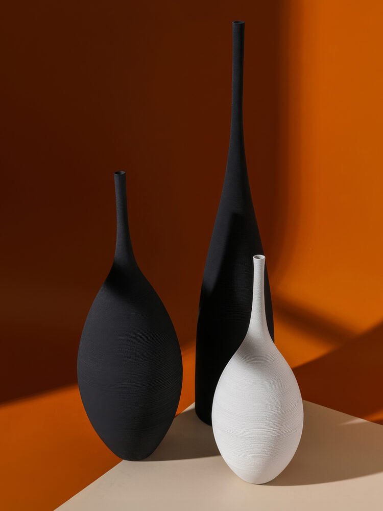 Wabiv narrow neck tall ceramic vase with wire-drawn texture