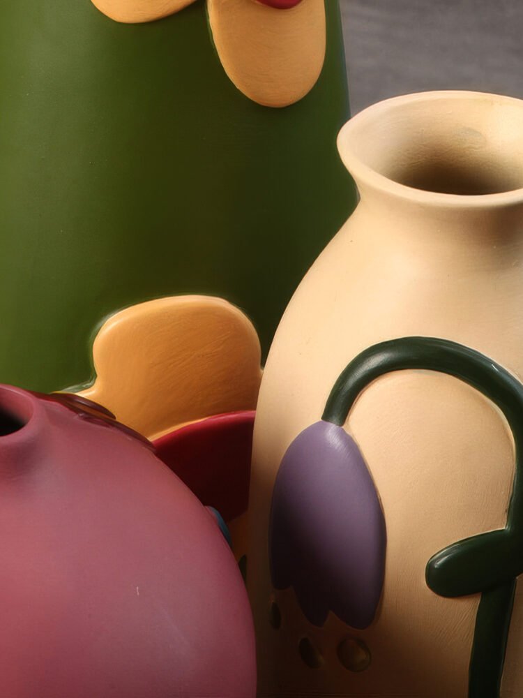 Hand-painted rustic pottery floral motif vase