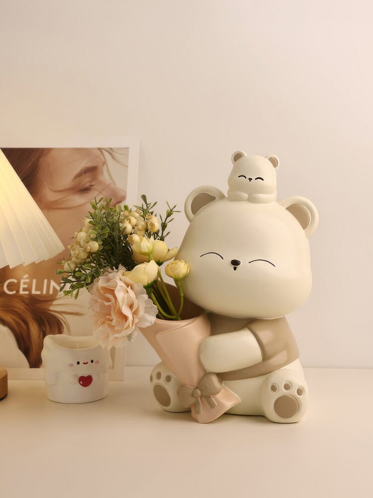Cute hug bear holding bouquet decorative ornament