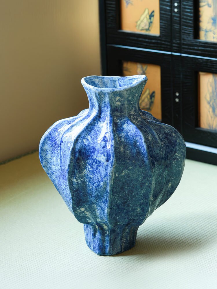 Wabi-sabi style pleated texture white ceramic vase