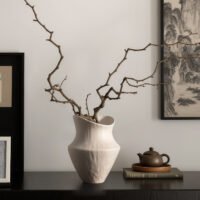 Wide-mouthed ceramic vase with irregular wabi-sabi pattern texture