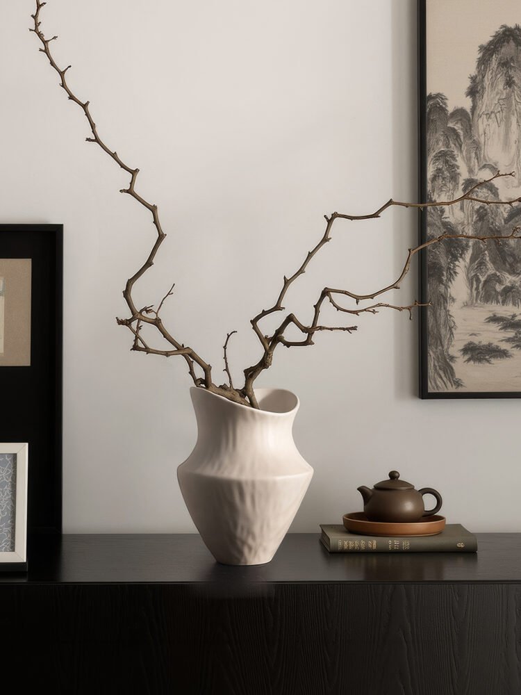 Wide-mouthed ceramic vase with irregular wabi-sabi pattern texture