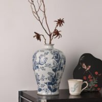 Contemporary blue and white porcelain vase with abstract ink wash art pattern
