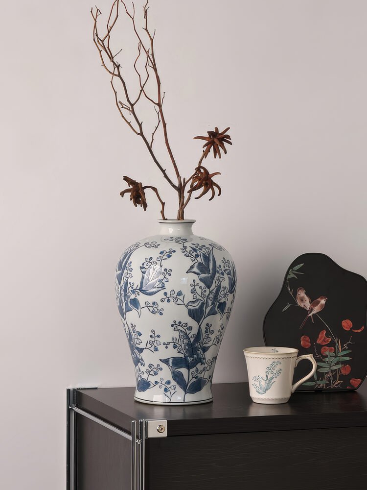Contemporary blue and white porcelain vase with abstract ink wash art pattern