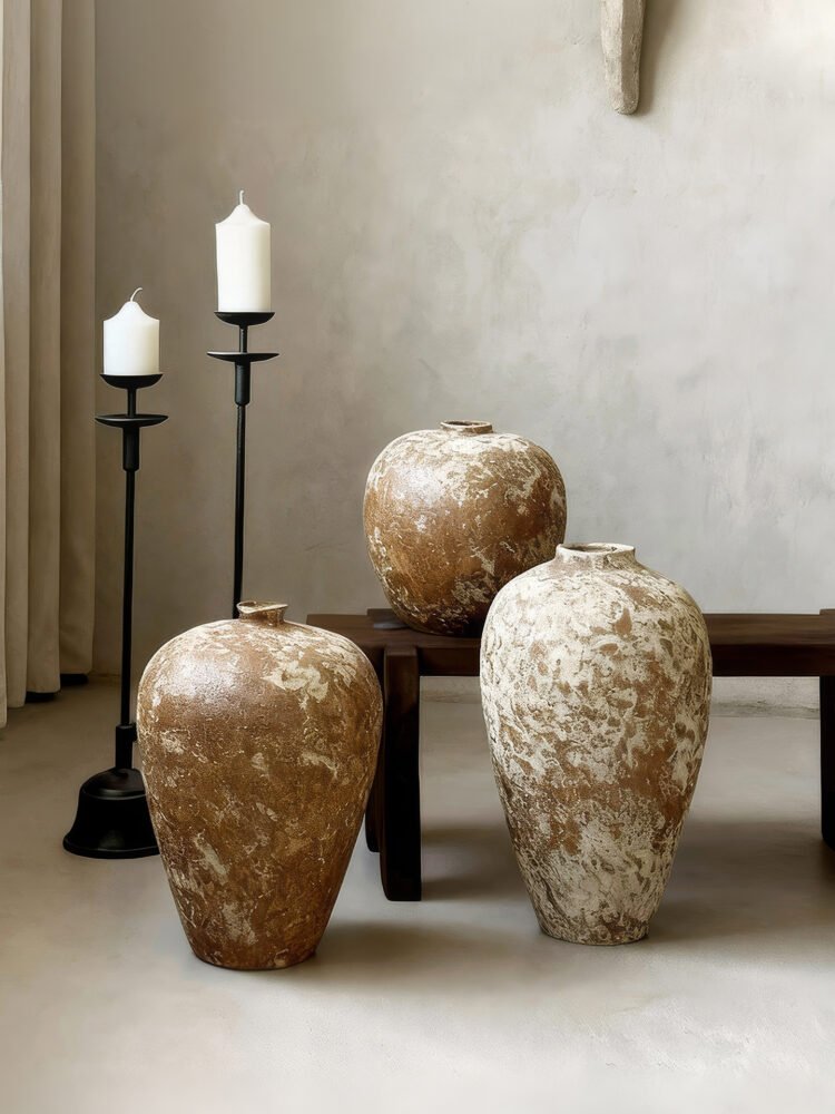 Vintage wabi-sabi style rustic pottery vase with weathered stone texture