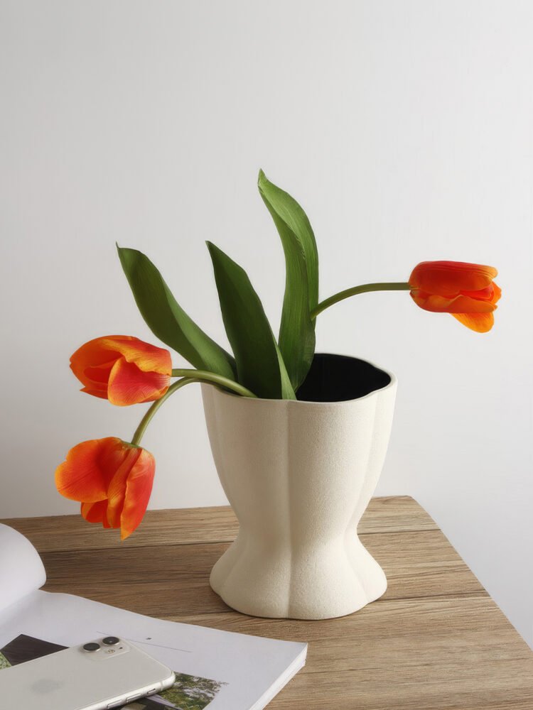 Creamy white multi-petal shaped aesthetic ceramic vase