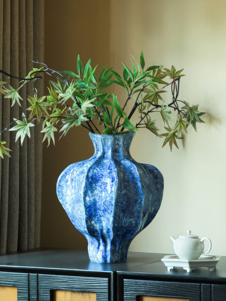 Wabi-sabi style pleated texture white ceramic vase