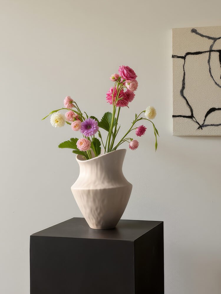 Wide-mouthed ceramic vase with irregular wabi-sabi pattern texture