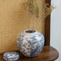 Contemporary blue and white porcelain vase with abstract ink wash art pattern