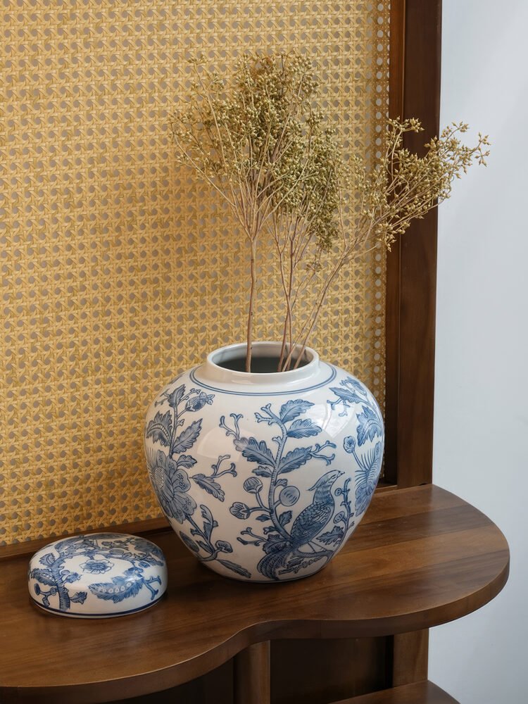 Contemporary blue and white porcelain vase with abstract ink wash art pattern