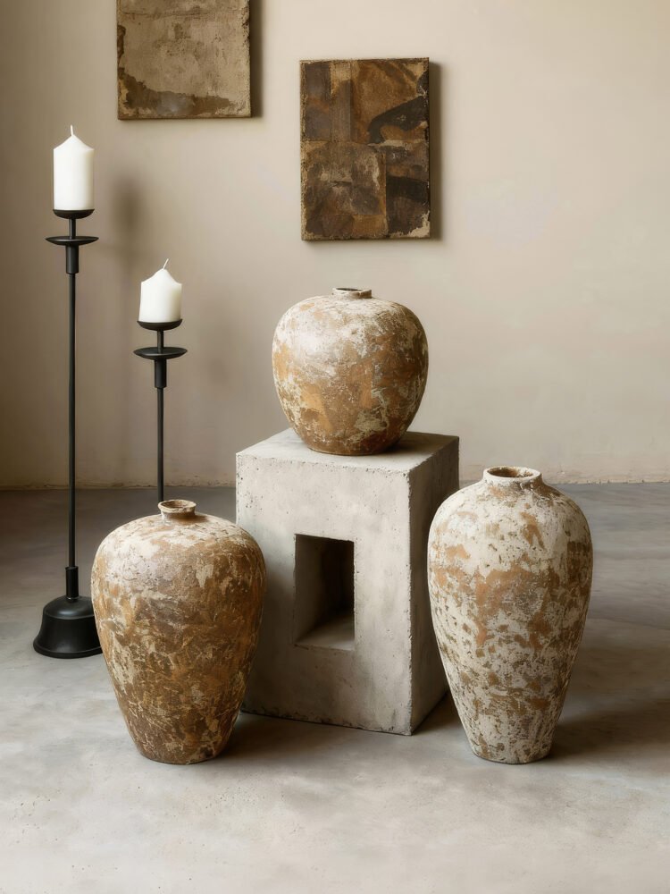 Vintage wabi-sabi style rustic pottery vase with weathered stone texture