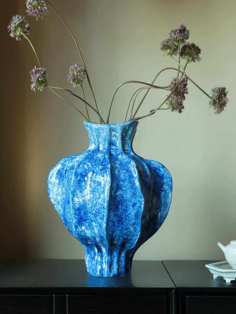 Wabi-sabi style pleated texture white ceramic vase