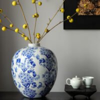 Traditional ink wash blue and white porcelain bottle vase