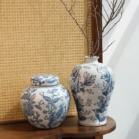 Contemporary blue and white porcelain vase with abstract ink wash art pattern