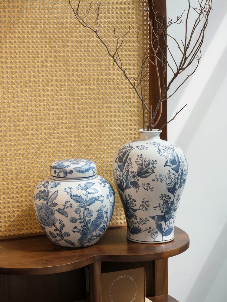 Contemporary blue and white porcelain vase with abstract ink wash art pattern
