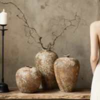 Vintage wabi-sabi style rustic pottery vase with weathered stone texture