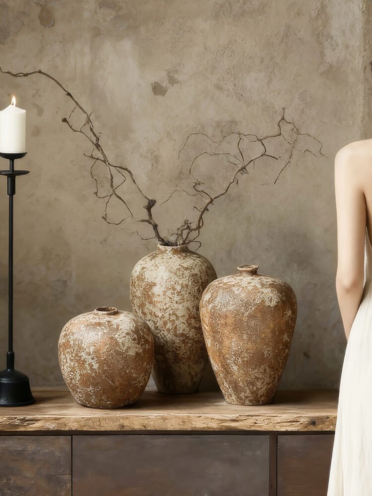 Vintage wabi-sabi style rustic pottery vase with weathered stone texture