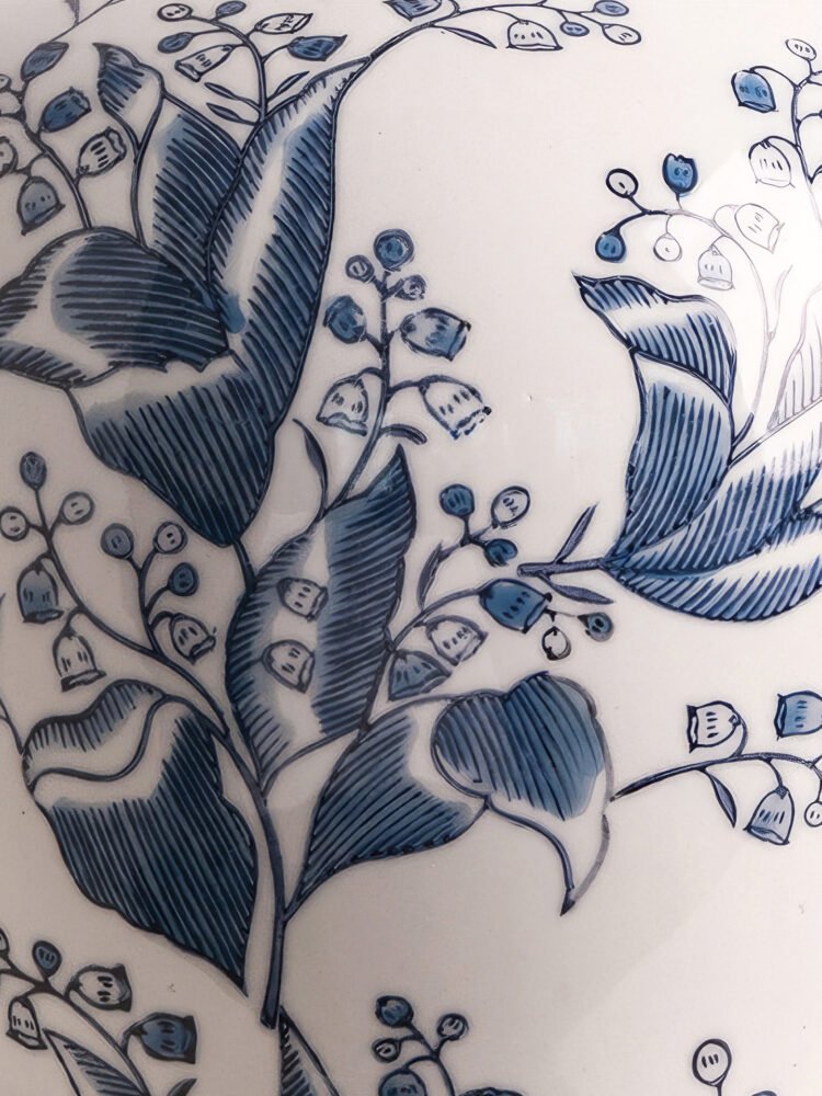 Contemporary blue and white porcelain vase with abstract ink wash art pattern