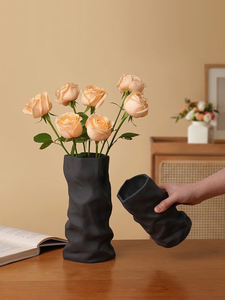 Crinkled kraft paper bag vase