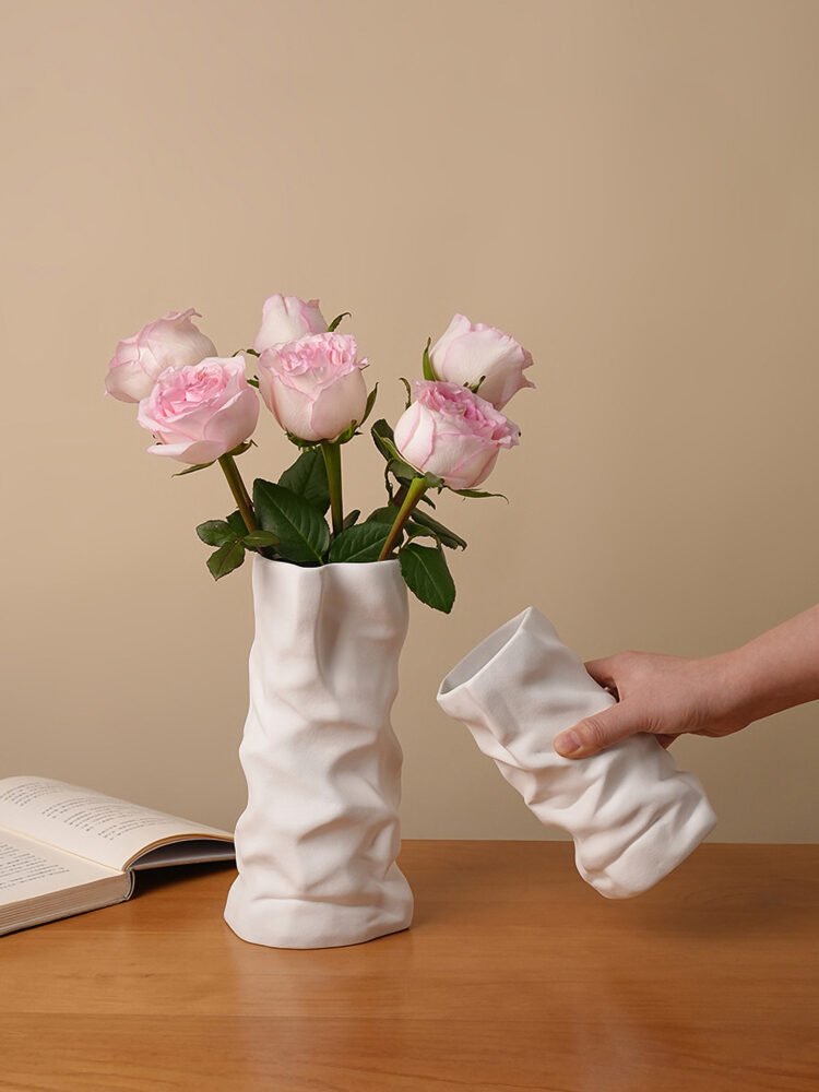 Crinkled kraft paper bag vase