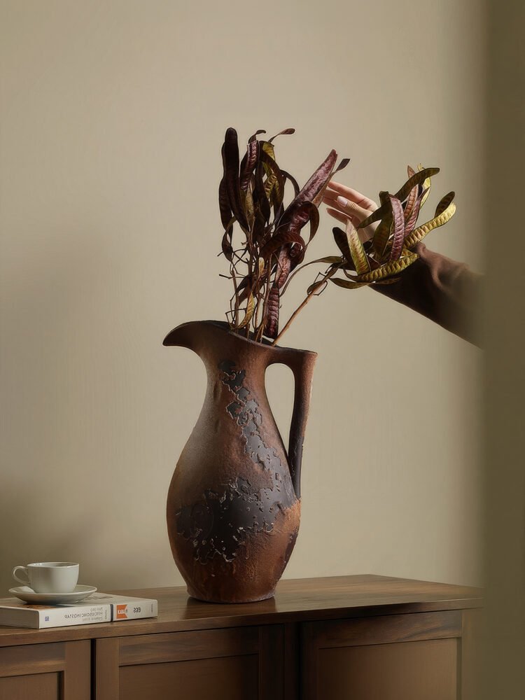Wabiv dry-glazed earthy ceramic flower vessel with textured natural finish
