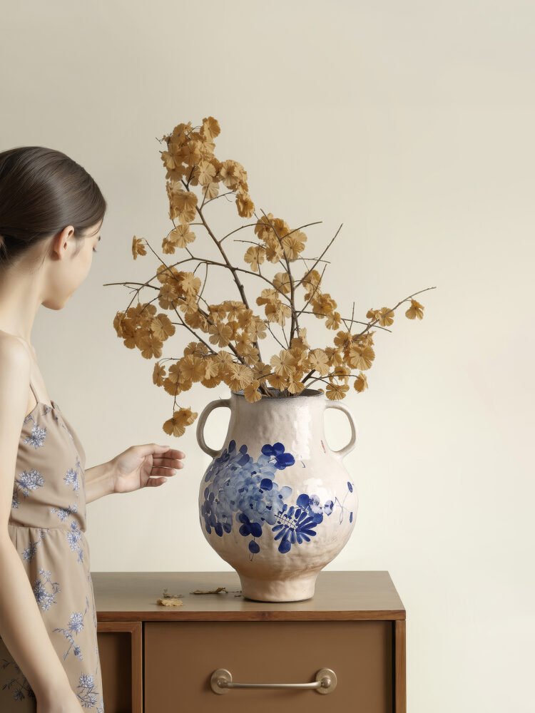 Classic blue-and-white porcelain vessel with delicate wisteria floral motif