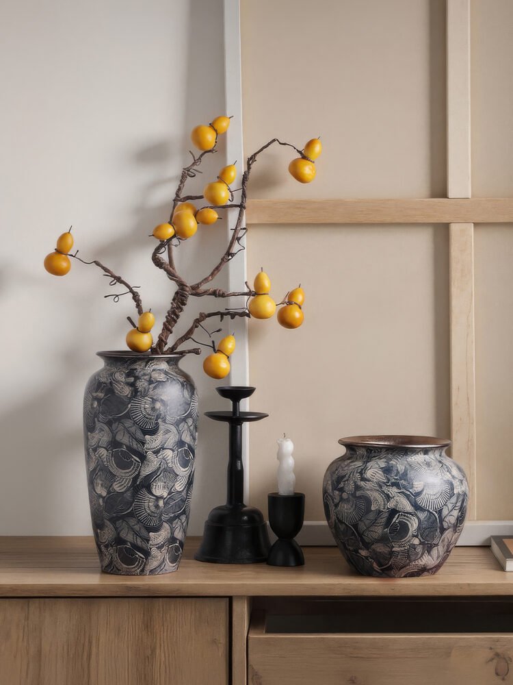 Wabiv aesthetic shell-patterned ceramic vessel for minimalist neutral home styling