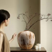 Wabiv rustic unadorned ceramic vessel with weathered traces for wabi-sabi home decor