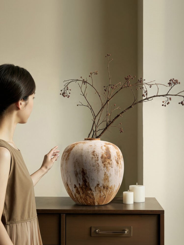 Wabiv rustic unadorned ceramic vessel with weathered traces for wabi-sabi home decor