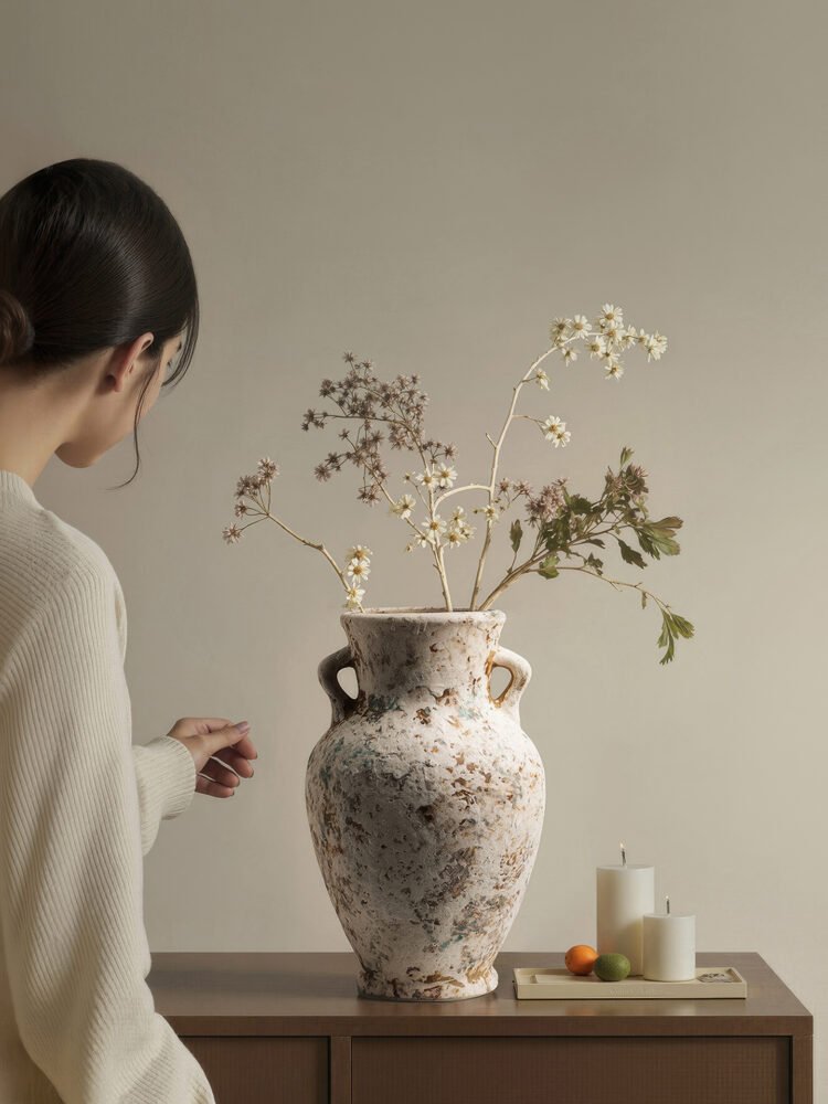 Elegant blue-and-white porcelain vase with misty abstract ink wash pattern