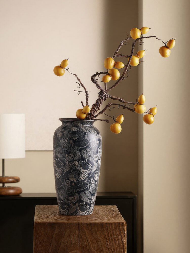 Wabiv aesthetic shell-patterned ceramic vessel for minimalist neutral home styling