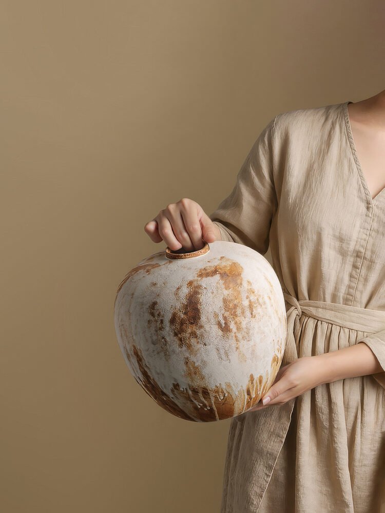 Wabiv rustic unadorned ceramic vessel with weathered traces for wabi-sabi home decor