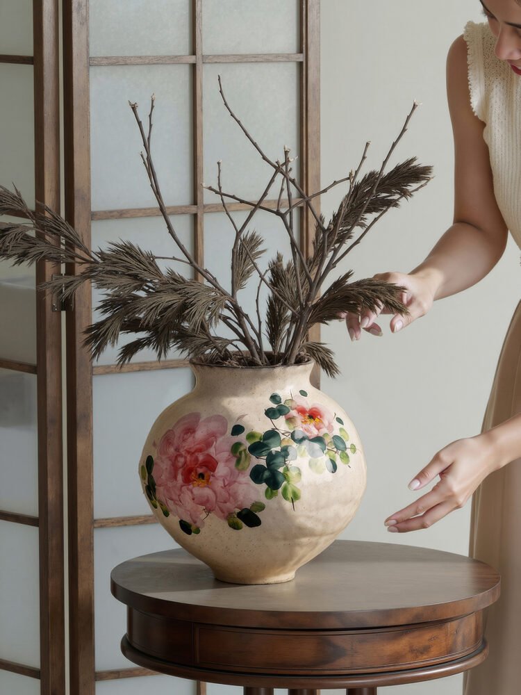 Wabiv gentle spring dawn glazed floral ceramic vessel for living room
