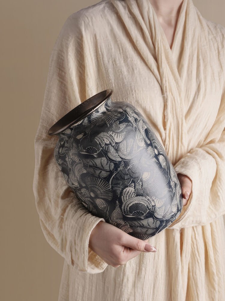 Wabiv aesthetic shell-patterned ceramic vessel for minimalist neutral home styling