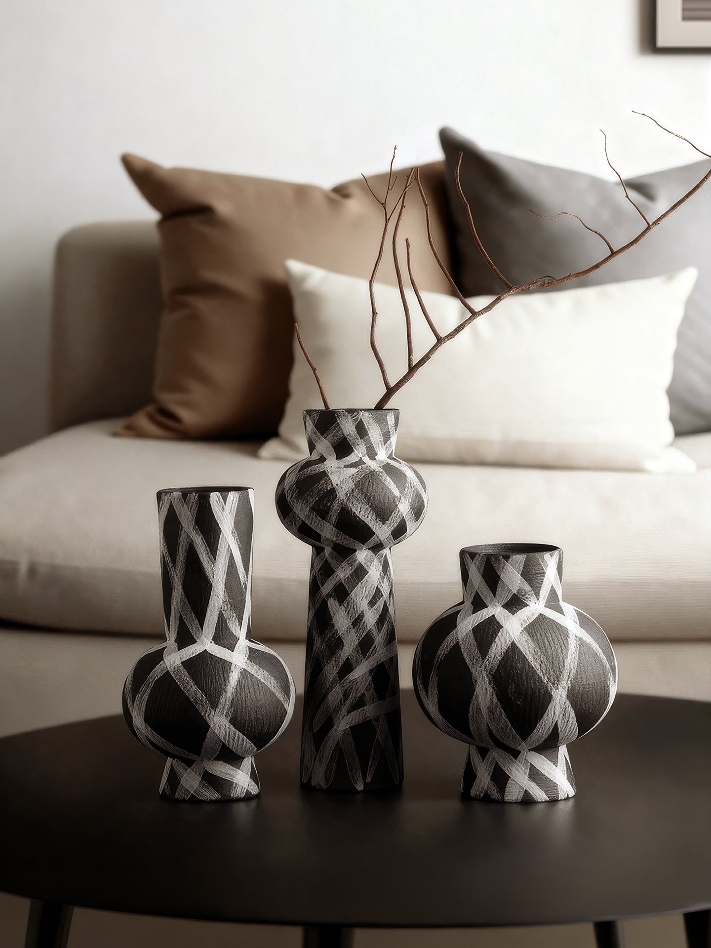 Wabiv modern ink-patterned striped ceramic vase in minimalist studio setting