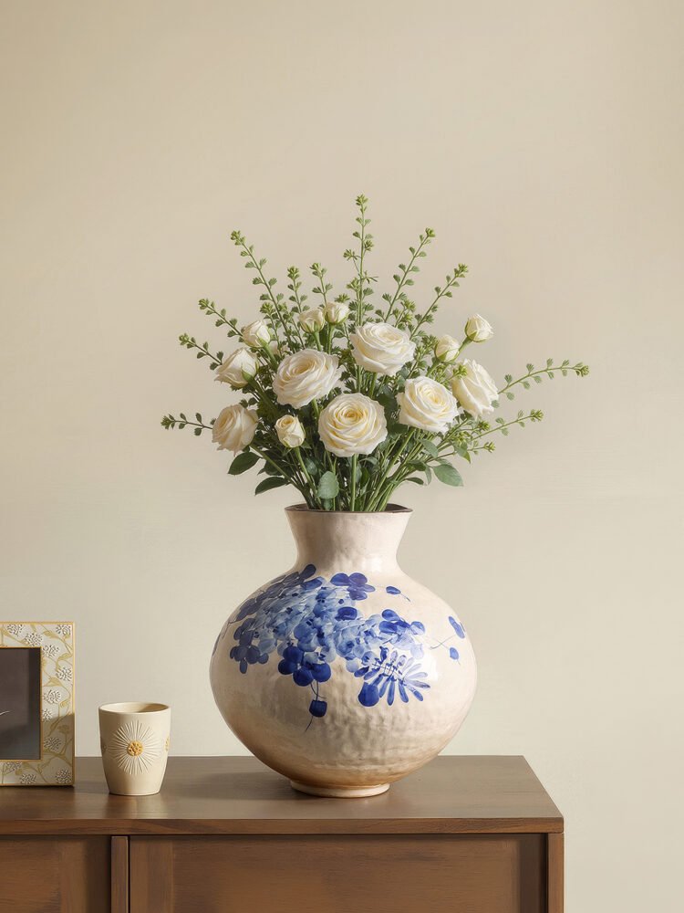 Classic blue-and-white porcelain vessel with delicate wisteria floral motif
