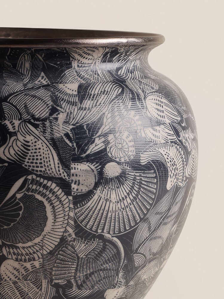 Wabiv aesthetic shell-patterned ceramic vessel for minimalist neutral home styling
