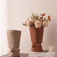 Romantic French style ribbon bow pouch ceramic flower vase for tabletop decor