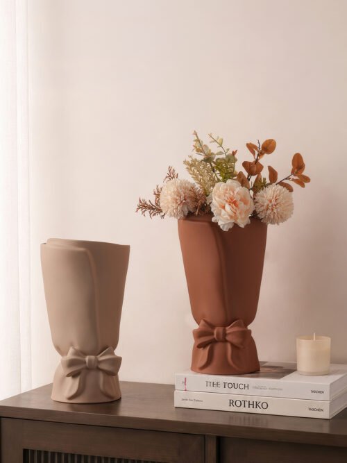 Romantic French style ribbon bow pouch ceramic flower vase for tabletop decor