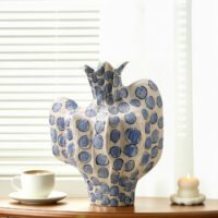Premium luxury hand-painted cobalt blue dot pleat ceramic artisan statement vase