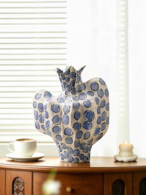 Premium luxury hand-painted cobalt blue dot pleat ceramic artisan statement vase