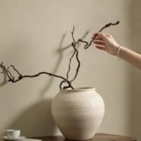 Traditional wabi-sabi style rustic wide mouth grounding pottery jar stoneware vase