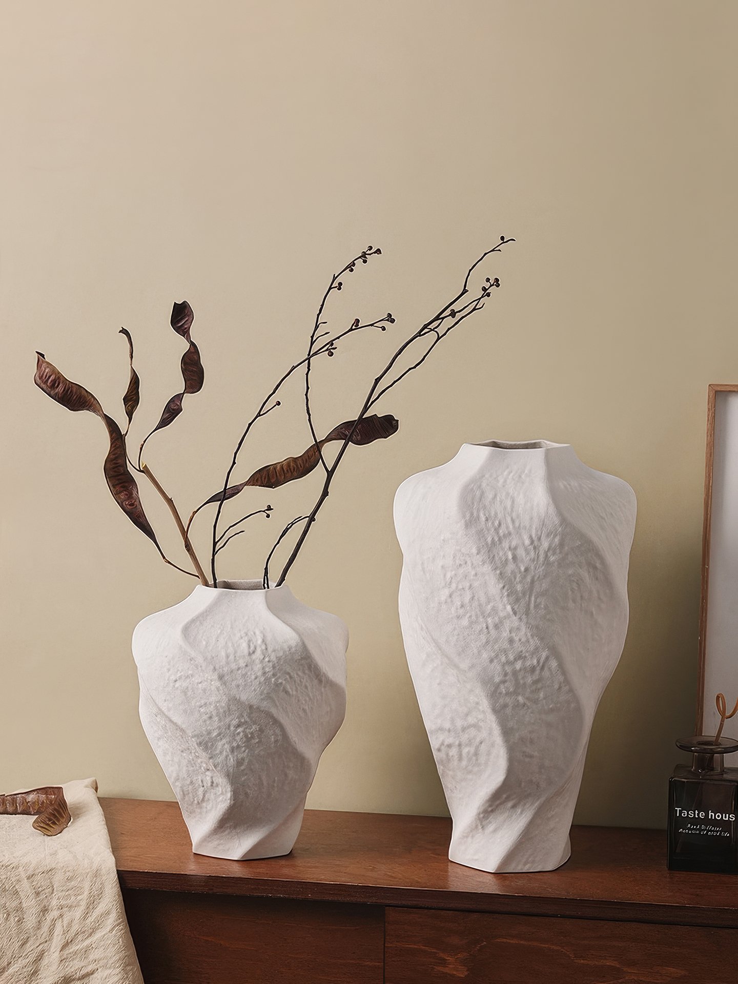 Modern mountain spiral sculptural ceramic art vase in matte obsidian black and marble white