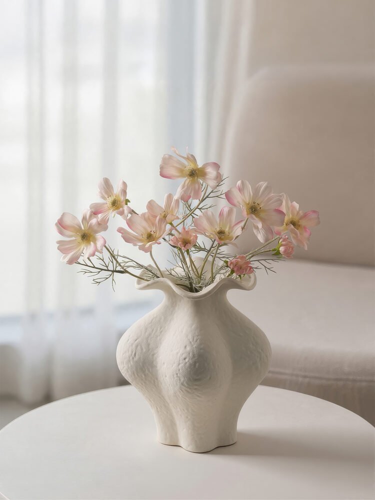Minimalist cream white French style petal folded ceramic vase for elegant home decor