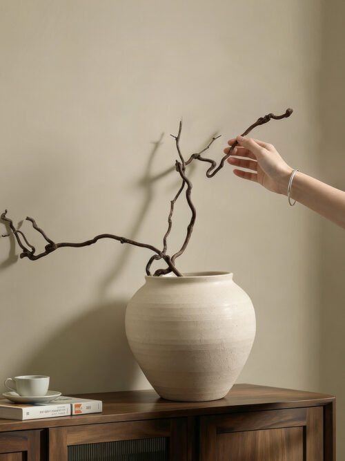 Traditional wabi-sabi style rustic wide mouth grounding pottery jar stoneware vase