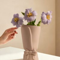 Romantic French style ribbon bow pouch ceramic flower vase for tabletop decor