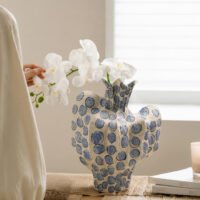 Premium luxury hand-painted cobalt blue dot pleat ceramic artisan statement vase